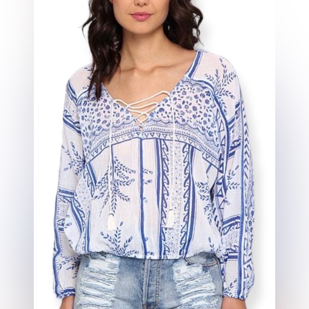 Free People Yo Yo Geo Blue & White People Tunic Shirt Top Size XS
